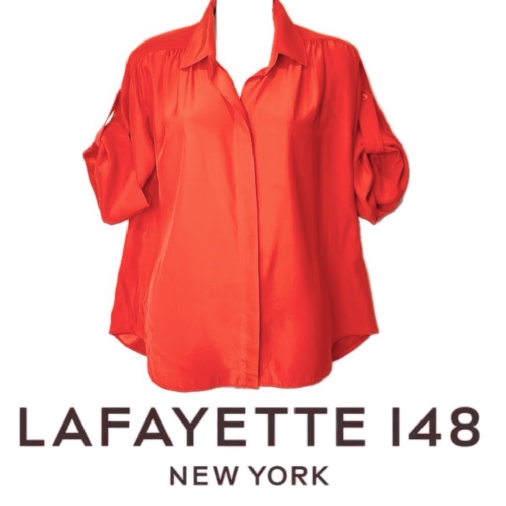LAFAYETTE 148 NEW YORK | 100% Silk Orange Short Midi Button Up Blouse Top Shirt